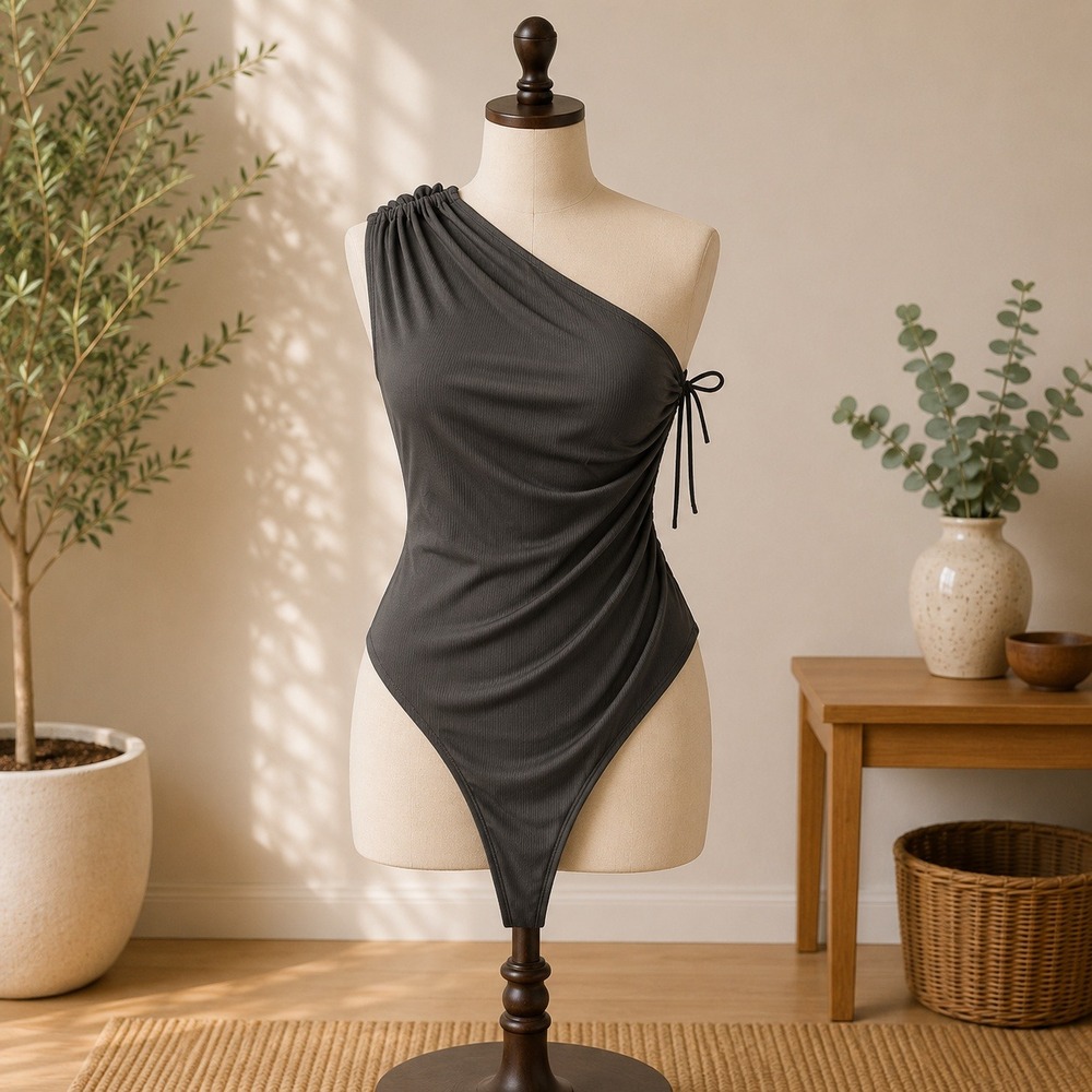 NWT SkyLar Rose Bodysuit Womens Small Black One Shoulder Cutout Ribbed Thong